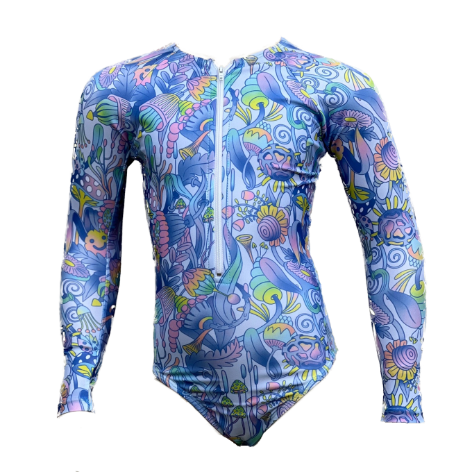 girls long sleeved zip-up one piece swimsuit