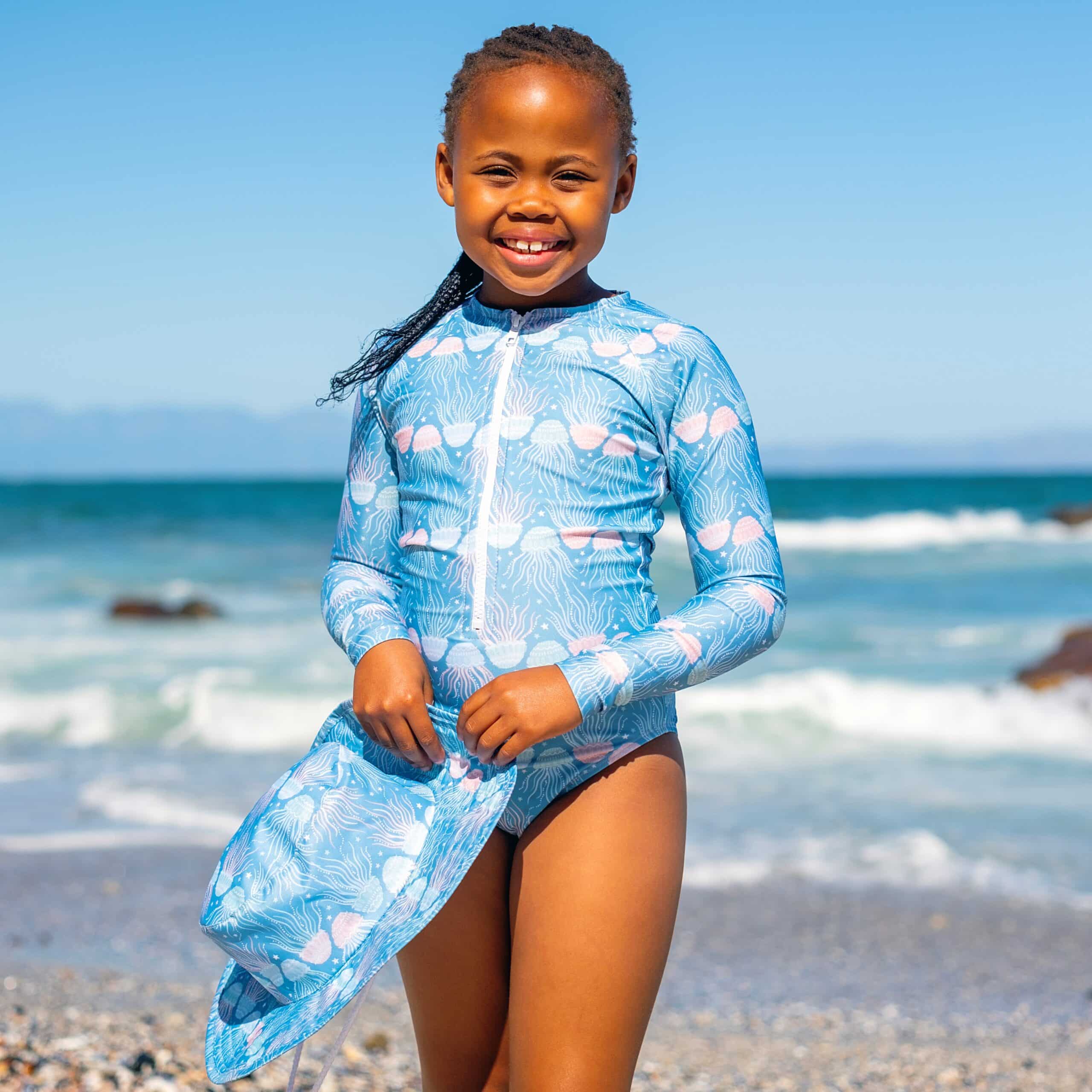 girls long sleeved UV zip-up one piece swimsuit - Just jump